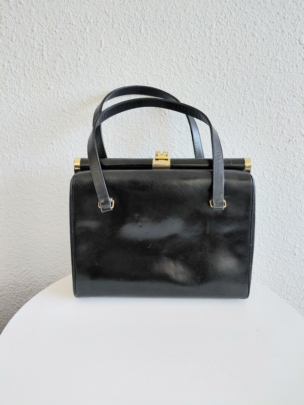 1950s Coblentz Top Hand Black GLoss Leather Brass Hardware Handbag
